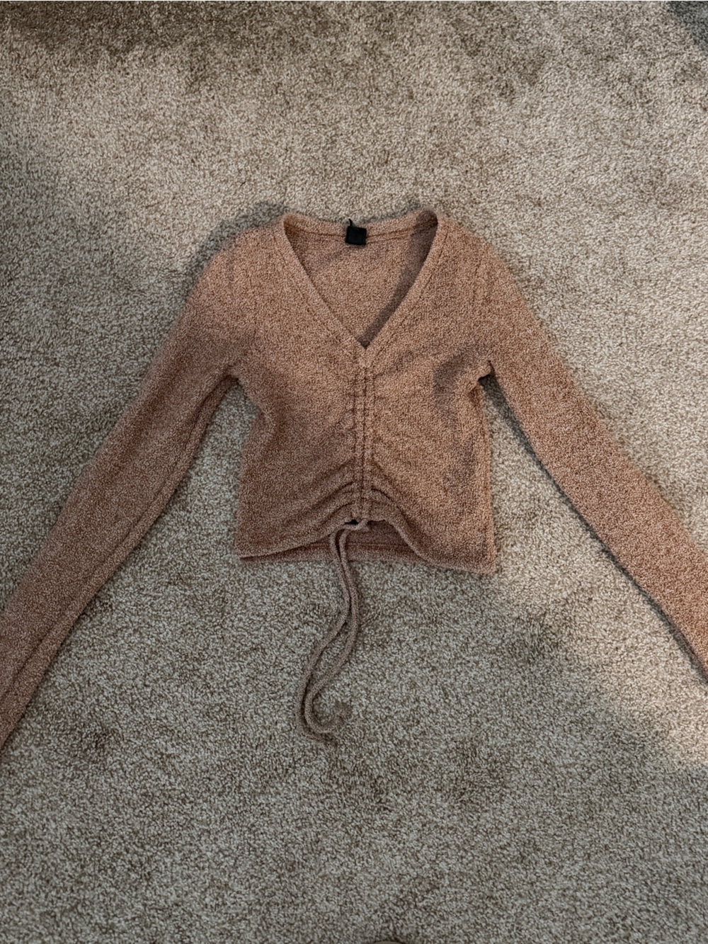 wild fable Cropped Drawstring V-Neck Sweater in Taupe Brown